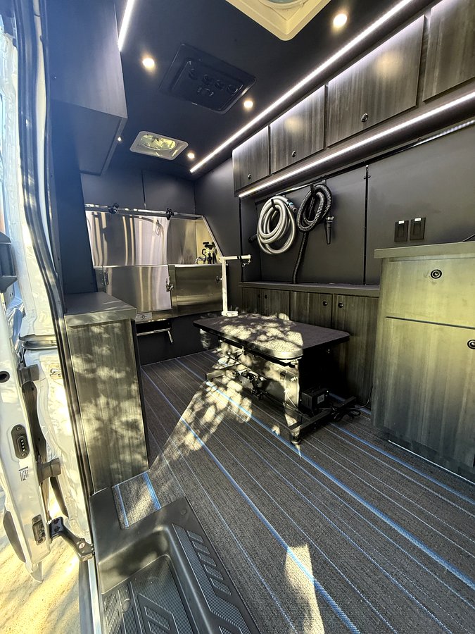 Grooming van cabinetry hydraulic table