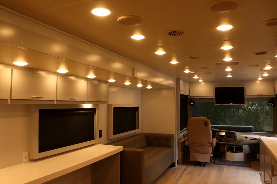 Production motorhome interior with warm lighting